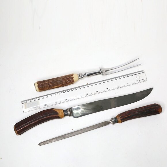 VINTAGE CARVERS SHEFFIELD Staghorn Carving Set  Knife Fork Sharpener Horn Handle - Picture 5 of 12